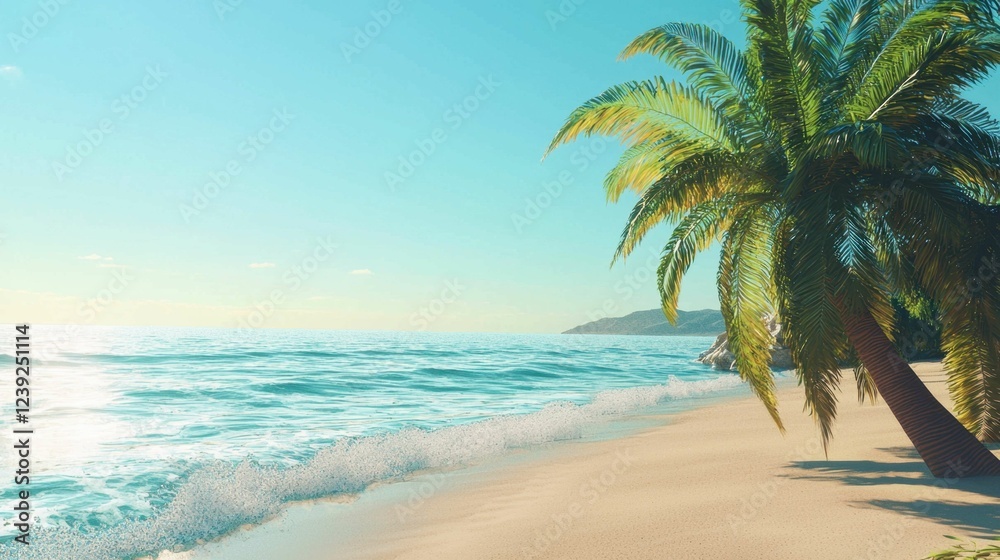 Obraz premium Serene Tropical Beach with Palm Tree and Clear Ocean Waters