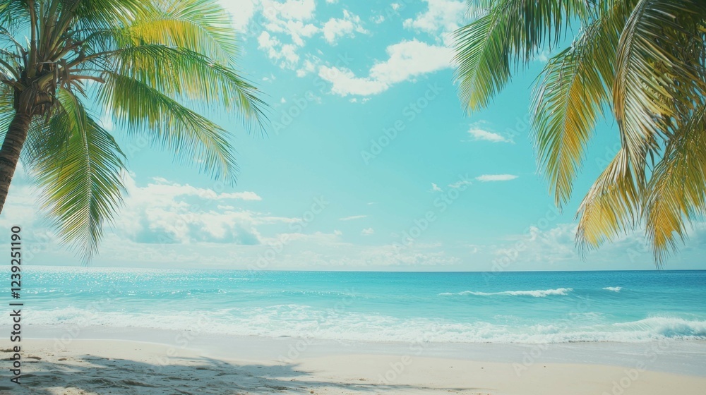 Fototapeta premium Serene Tropical Beach with Palm Trees and Clear Blue Sky