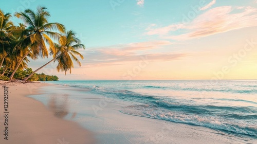 Serene Tropical Beach with Palm Trees Under a Colorful Sunset Sky