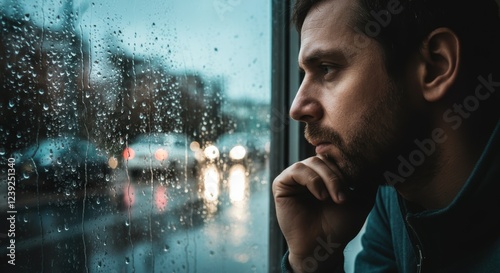 Melancholic adult caucasian male gazing out rainy window in thoughtful reflection photo