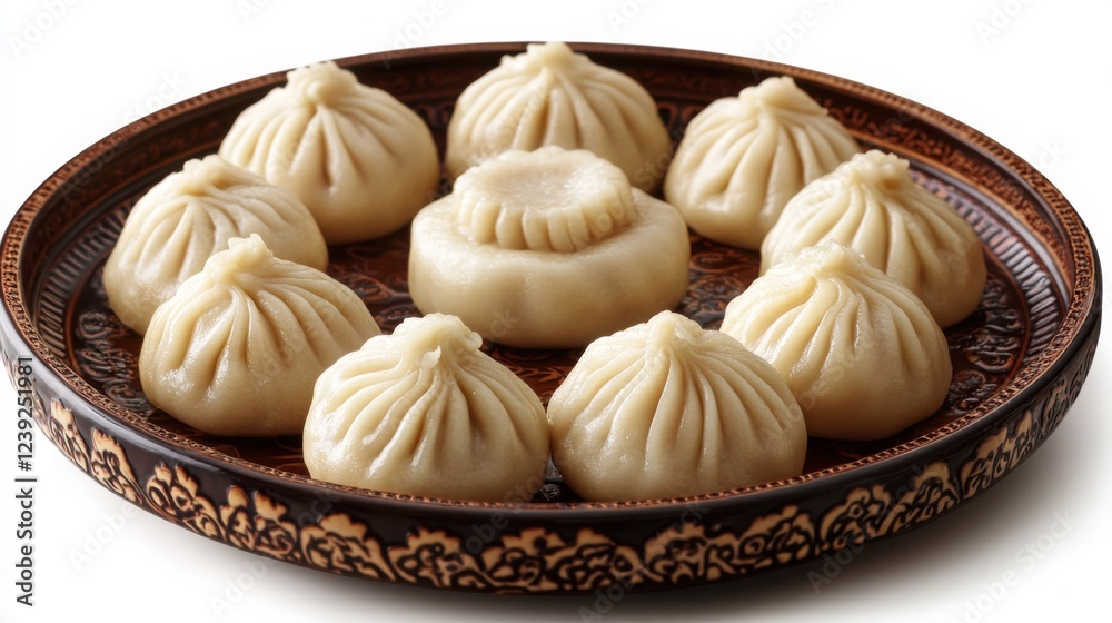 Traditional asian dumplings on decorative plate: steamed buns set in circular pattern Traditional asian dumplings on decorative plate: steamed buns set in circular pattern