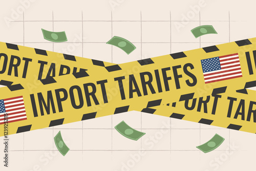 Import tariffs. Warning yellow tape with text and flag. Background with flying money and a grid. Vector illustration, finance concept.