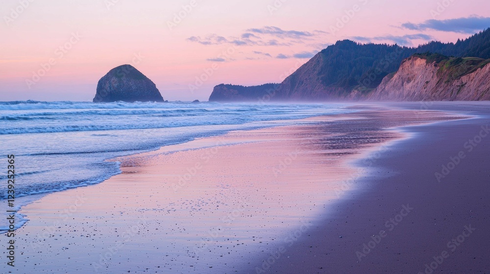 Fototapeta premium Serene Ocean Sunset with Waves and Rocky Outcrop on Beach