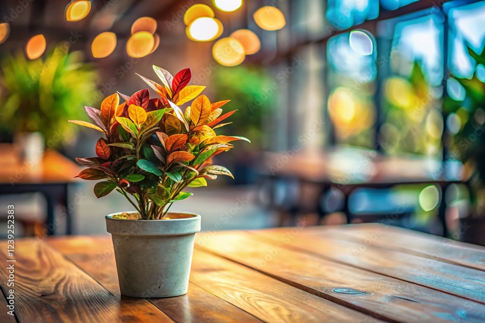 Fototapeta premium Surreal Potted Plant on Wooden Table, Modern Interior Blurred Background - Stock Photo