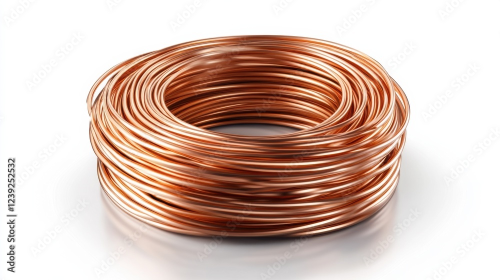 Coiled copper wire on white background - close-up of shiny electrical material Coiled copper wire on white background - close-up of shiny electrical material