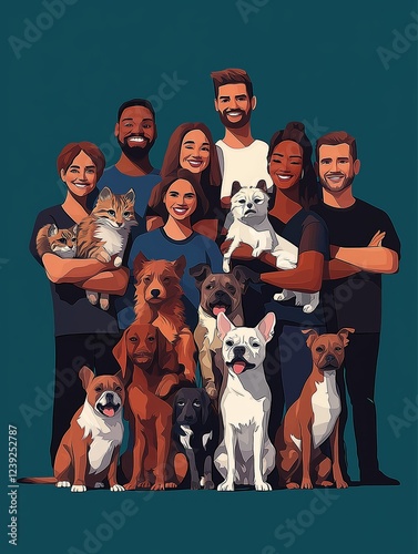 Group of smiling people holding their dogs and cats celebrating National Pet Day