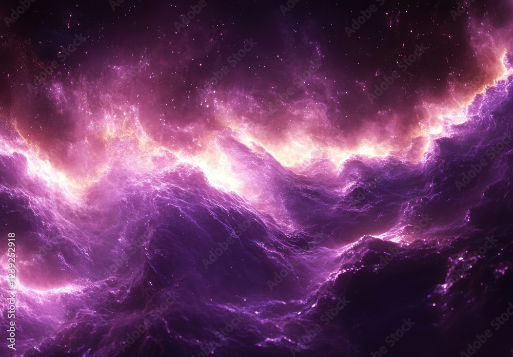 Fototapeta premium Ethereal Cosmic Waves in Shades of Purple with Bright Starry Background, Capturing the Beauty of the Universe and Artistic Representation of Space