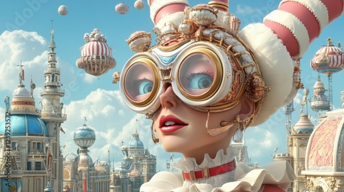 Whimsical character with oversized goggles in a fantastical cityscape photo