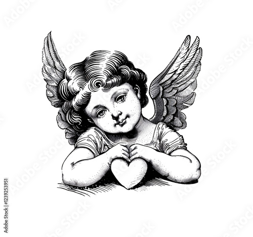An adorable cherub with a heart. Woodcut engraving style illustration. Isolated