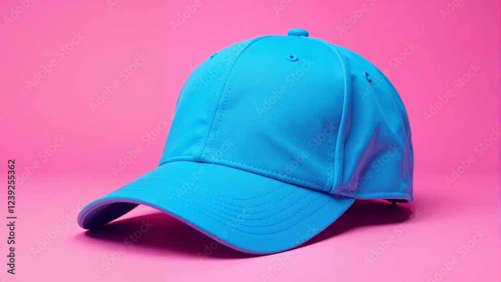 Fototapeta premium Bright blue cap resting on a vibrant pink background in a playful arrangement