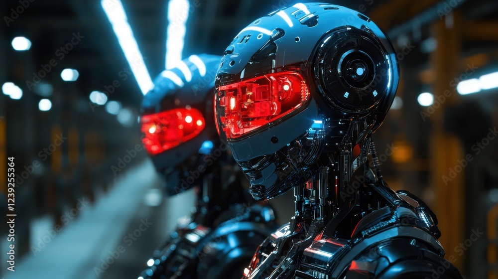 Fototapeta premium Futuristic robots with red eyes in a high-tech industrial setting