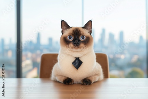 A serious-looking Siamese cat dressed in a black tie sitting at a desk in a modern office with a cityscape in the background.  
