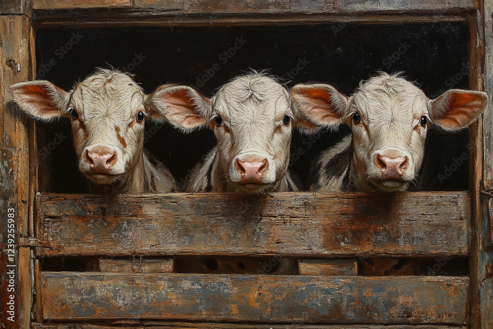 Baby cows peek through a wooden fence in a rustic barn during daylight hours Baby cows peek through a wooden fence in a rustic barn during daylight hours