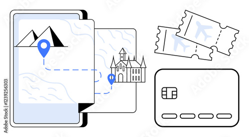 Mobile map with landmark icons, tickets, and payment card. Ideal for travel planning, tourism promotion, itinerary design, vacation bookings, online ticket purchases, digital payments location
