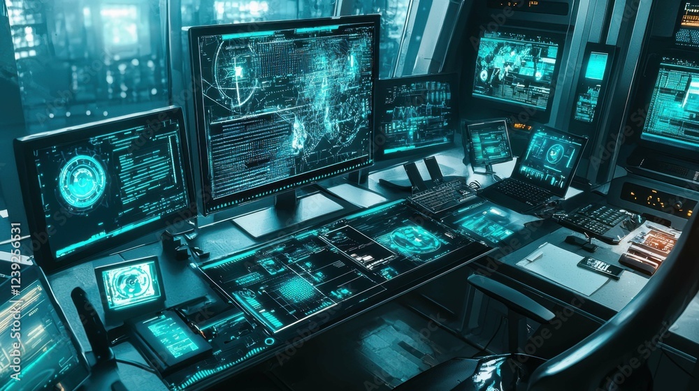 Obraz premium Futuristic Control Room with Technology and Data Visualization Screens