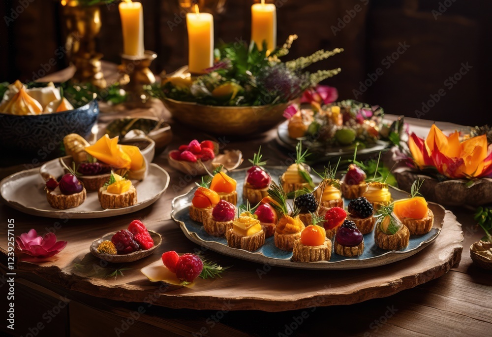 Fototapeta premium vibrant flatlay colorful assorted appetizer bites featuring various textures arrangements visual delight, display, finger, food, freshness, garnishes