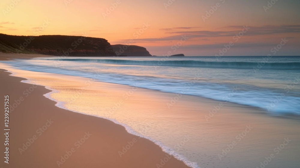 Fototapeta premium Tranquil Sunset Over a Serene Beach with Gentle Ocean Waves