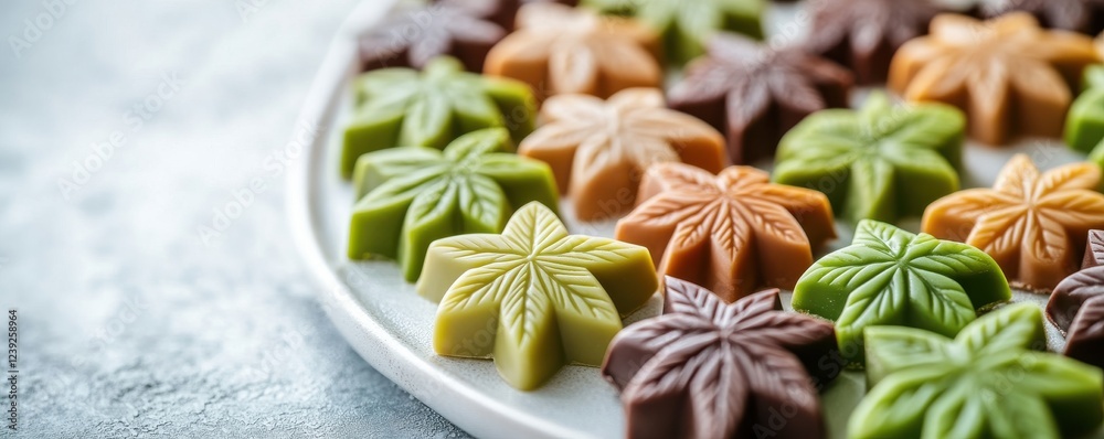 Assorted Chocolates in Leaf Shapes on a White Plate Assorted Chocolates in Leaf Shapes on a White Plate