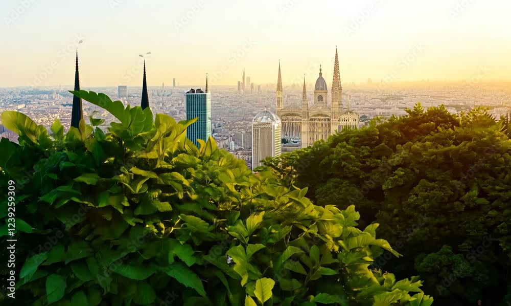 drone footage of bosco verticale and milan skyline during sunset