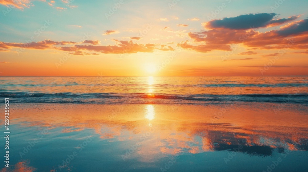 Fototapeta premium Serene Sunset Over Calm Ocean with Reflection and Vibrant Clouds