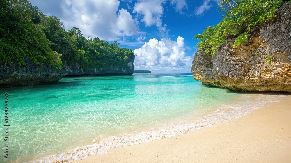 Obraz premium Serene Tropical Beach with Clear Turquoise Water and Lush Greenery