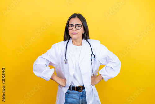 Young brunette doctor woman wearing stethoscope standing over isolated yellow background skeptic and nervous, disapproving expression on face with arms in waist