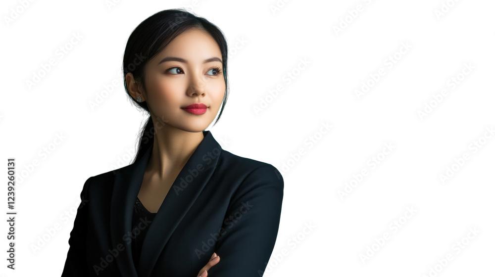 Confident asian businesswoman looking up with crossed arms on transparent background Confident asian businesswoman looking up with crossed arms on transparent background