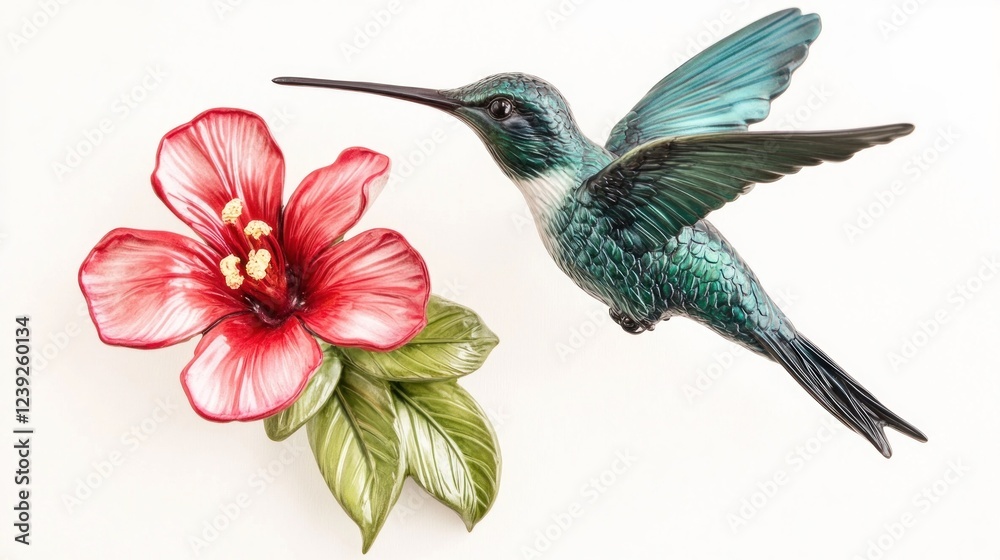 Naklejka premium Hummingbird hovering near hibiscus flower, white background