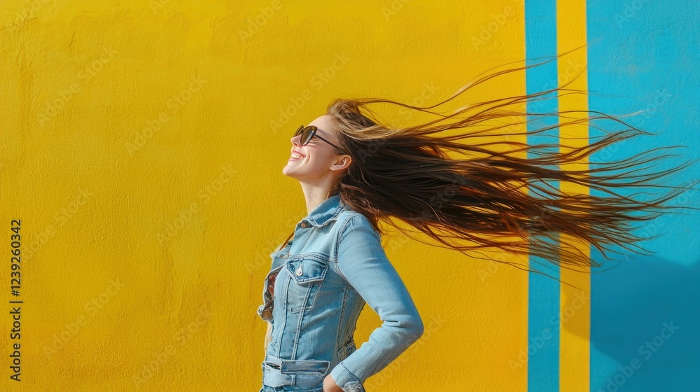 Obraz premium Woman's hair blowing, yellow wall, sunny day, joyful
