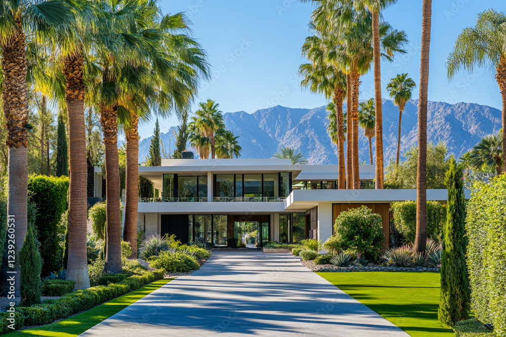 Fototapeta premium Luxury modern house surrounded by palm trees and mountains in a sunny environment