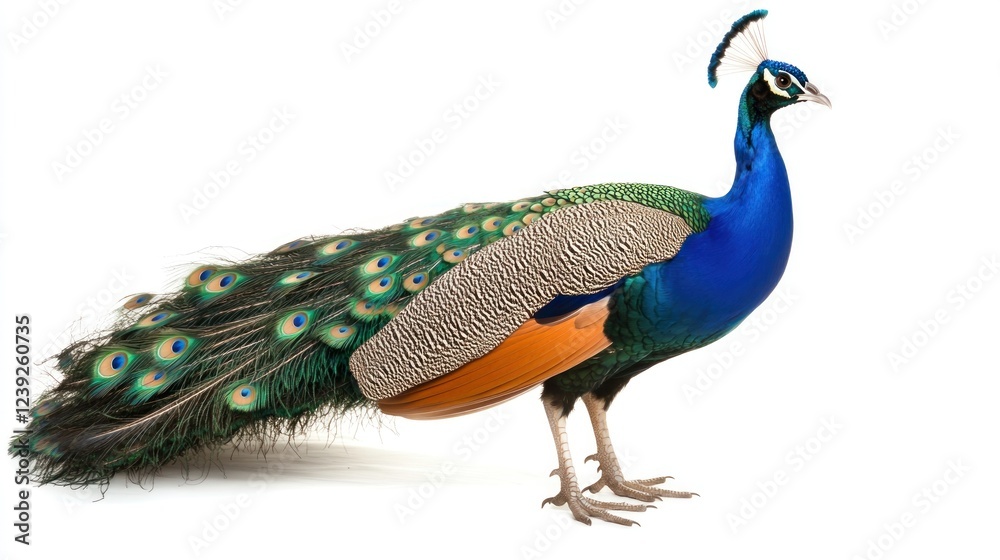 Fototapeta premium Indian peacock profile, white background, vibrant plumage