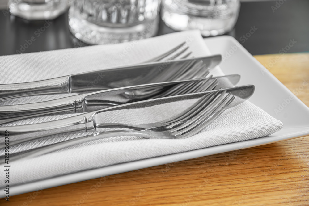 A neatly arranged set of silverware, including polished forks and knives, rests on a folded white napkin atop a sleek plate.