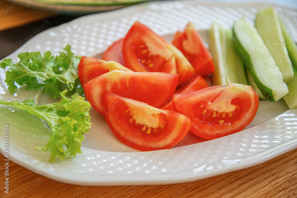 A fresh and colorful vegetable salad featuring sliced tomatoes, cucumbers, and crisp lettuce is beautifully arranged on a white plate.