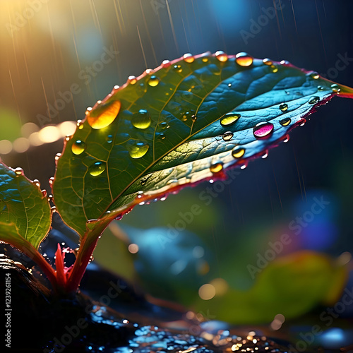 The scene is illuminated by soft, natural light. The droplets reflect light beautifully, creating a sparkling effect. A blurred, lush green background adds depth, making the leaves stand out vividly. 
