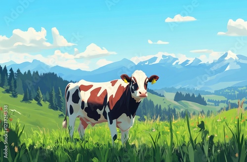 Brown and White Cow in Alpine Pasture Landscape
