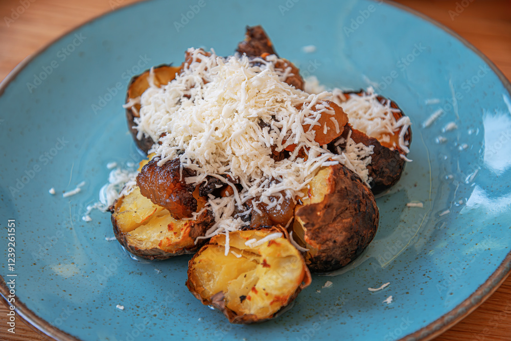 A plate of roasted potatoes with crispy, golden-brown edges is generously topped with freshly grated cheese.