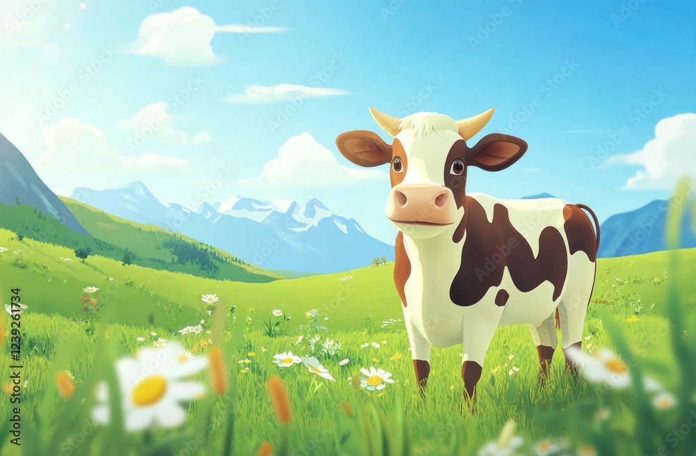 Adorable Cartoon Cow in Sunny Alpine Meadow Adorable Cartoon Cow in Sunny Alpine Meadow