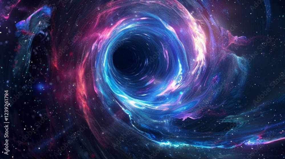 Obraz premium A deep blue hole in space with a purple and red swirl around it. The colors are vibrant and the hole is very deep