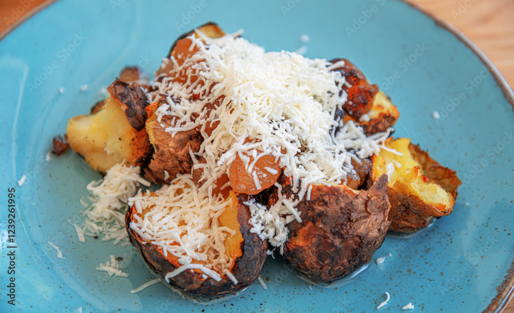 A plate of roasted potatoes with crispy, golden-brown edges is generously topped with freshly grated cheese.