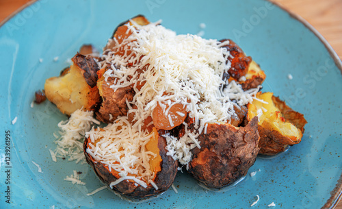 Obraz na płótnie A plate of roasted potatoes with crispy, golden-brown edges is generously topped with freshly grated cheese. w salonie