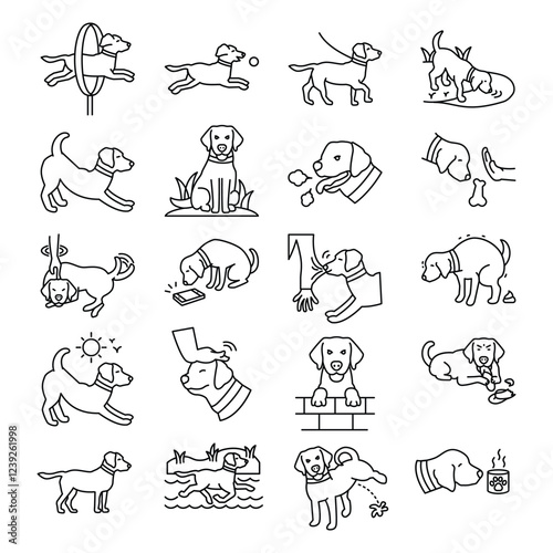 Dog activities icon set. dog walking, dog on a leash, linear icons, dog training illustrations for commercial use