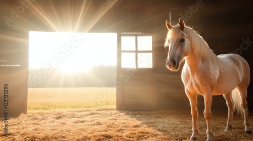 A majestic white horse stands gracefully in a barn, illuminated by warm sunlight streaming through the doorway, emphasizing a serene and peaceful moment in nature. photo