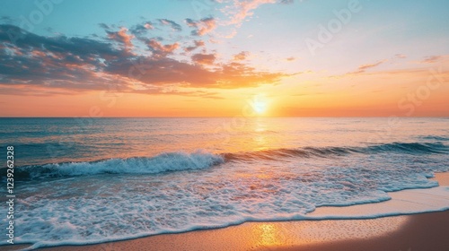 Serene Sunset Over Calm Ocean Waves in Colorful Sky Landscape