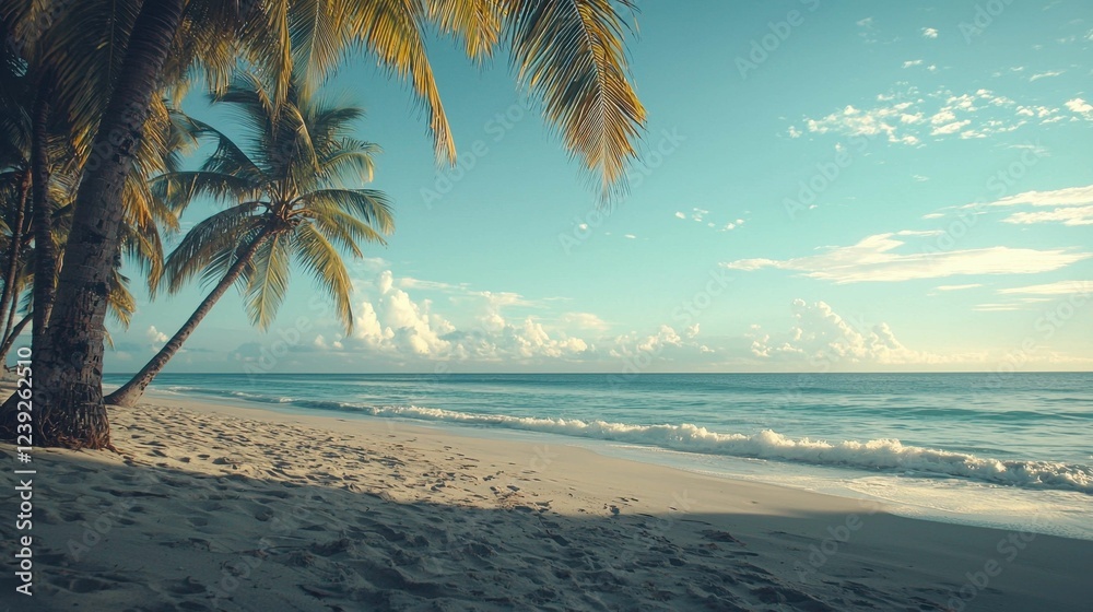 Fototapeta premium Serene Tropical Beach With Palm Trees and Gentle Ocean Waves