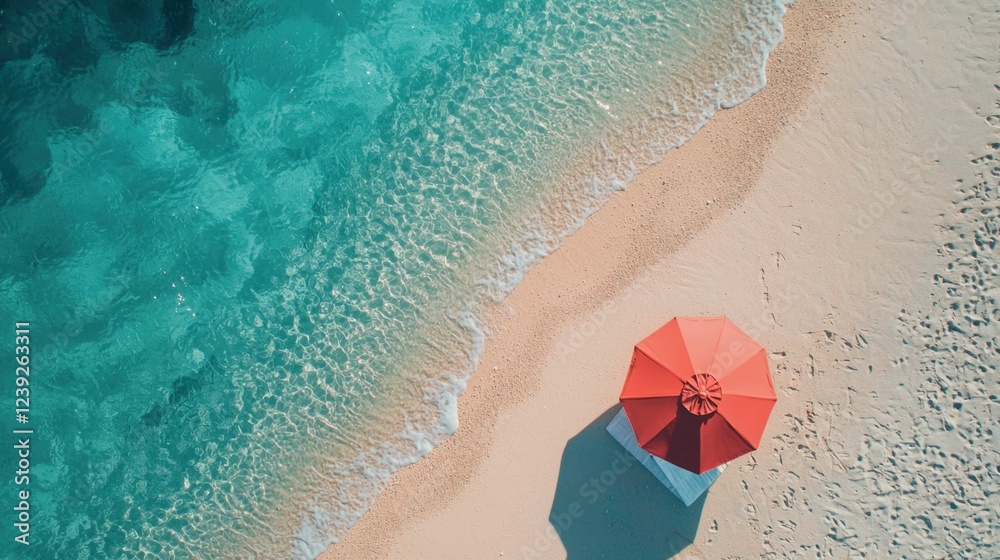 Naklejka premium Vibrant Red Umbrella on Sandy Beach with Clear Blue Water