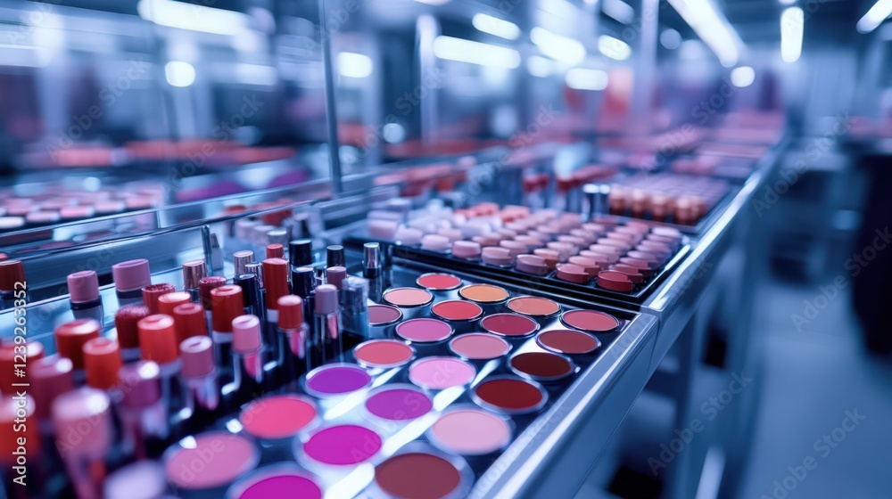 Extensive display of cosmetic products in a cool blue lighting environment Extensive display of cosmetic products in a cool blue lighting environment