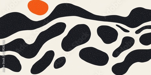Abstract Black Waves With Red Sun, Flowing Patterns Over Cream Background, Modern Art Conceptual