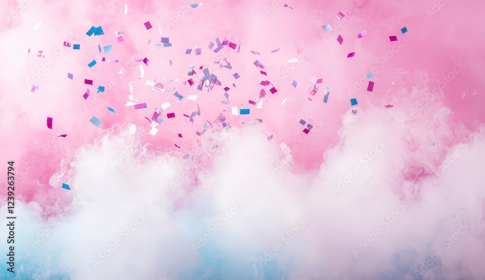 Obraz premium Colorful Confetti Falling Over Pink and Blue Smoke Background