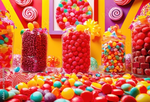 vibrant close full colorful candy selection ranging from gummies showcasing feast sweets decorative arrangement, assorted, display, candyland, treat