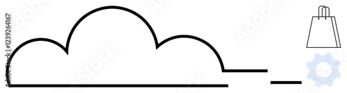 Cloud outline connected to shopping bag icon and gear symbol. Ideal for cloud storage, e-commerce, online shopping, cloud services, technology integration, digital transformation, internet